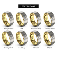 font options for inside engraving on gold & grey monstera leaf rings