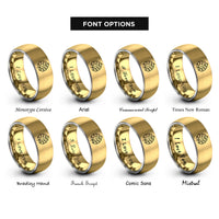 font options for inside engraving on gold & gray monstera leaf rings