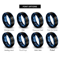 font options for inside engraving on black & blue moon halo star rings