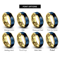 font options for inside engraving on gold & blue mosaic heart rings