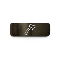 engraved ring for her – gunmetal & black tungsten hatchet wedding band