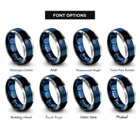 font options for inside engraving on blue & grey mountain lake moon rings