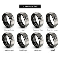 font options for inside engraving on black & silver mountain paw wildflower rings