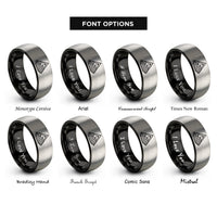 font options for inside engraving on black & grey mountain silhouette contours rings