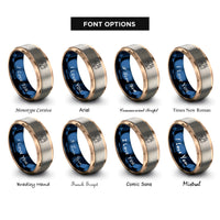 font options for inside engraving on rose gold & blue & silver nonbinary couple rings
