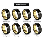font options for inside engraving on black & gold nonbinary symbol heart rings
