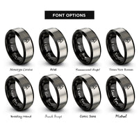 font options for inside engraving on black & grey north arrow mini rings