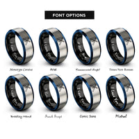 font options for inside engraving on black & blue & grey nunchaku crossed pair rings