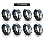 font options for inside engraving on black & blue & grey ocean wave dotwork rings