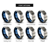 font options for inside engraving on blue & silver ocean wave dotwork rings