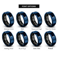 font options for inside engraving on black & blue offshore wind turbine rings