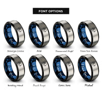 font options for inside engraving on black & blue & silver olympic archer draw rings