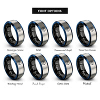 font options for inside engraving on black & blue & silver olympic archer draw rings