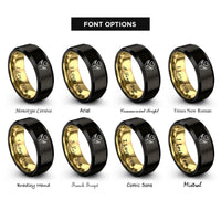 font options for inside engraving on black & gold open hands heart rings