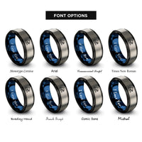 font options for inside engraving on black & blue & gray orca fin waves rings