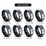 font options for inside engraving on black & blue & grey orca fin waves rings