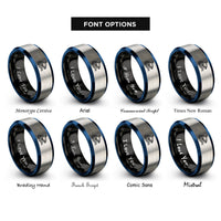 font options for inside engraving on black & blue & grey orca fin waves rings