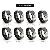 font options for inside engraving on black & gray overlapping circles pattern rings