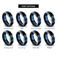 font options for inside engraving on blue & grey paddle icons rings