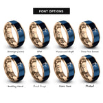 font options for inside engraving on rose gold & blue palm tree cocktail rings