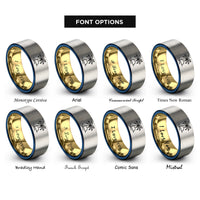 font options for inside engraving on gold & blue & gray palm tree sunset rings