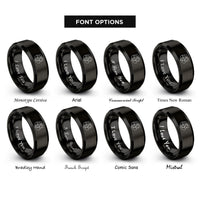 font options for inside engraving on black parents baby heart rings