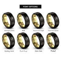 font options for inside engraving on black & gold paw pattern rings