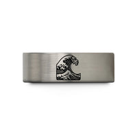 personalized animal lover presents – blue & silver tungsten hokusai wave crest wedding band