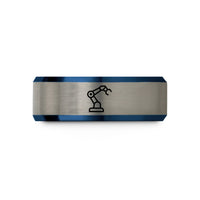 engraved rings for men – blue & gray tungsten robot arm wedding band