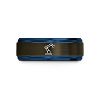 father’s day present ideas – gunmetal & blue tungsten robot arm wedding band