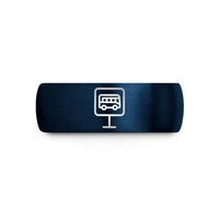 engraved bands for men – blue tungsten bus stop sign wedding band