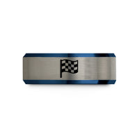 tungsten bands for couples – black & blue & gray tungsten checkered flag wedding band