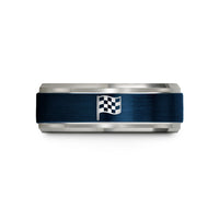customized rings for him – blue & gray tungsten checkered flag wedding band