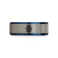 unique anniversary presents him – black & blue & grey tungsten hamsa hand wedding band