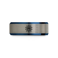 unique presents for guys – black & blue & silver tungsten spider emblem web wedding band