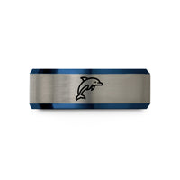 engraved ring for him – blue & gray tungsten dolphin wedding band