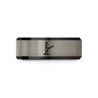 men's engraved wedding band – black & grey tungsten hi lift jack wedding band