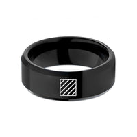 custom rings for partners – black tungsten hazard stripe pattern wedding band