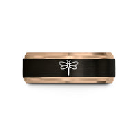 personalized presents for him – black & rose gold tungsten dragonfly wedding band