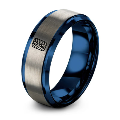 Tire Tread – Tungsten Wedding Band, 8 mm, Silver, Blue Comfort-Fit Unisex