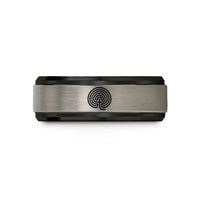 custom rings for couples – black & grey tungsten cretan labyrinth wedding band