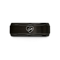 custom rings for couples – black & rose gold tungsten flight path heart wedding band