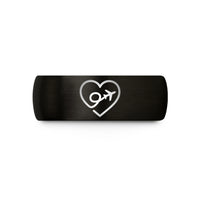 engraved couple ring set – black tungsten flight path heart wedding band