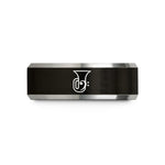 tungsten bands for dads – black & silver tungsten tuba clef wedding band