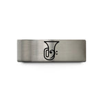 engraved rings for men – gold & gray tungsten tuba clef wedding band