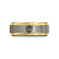 engraved bands for her – black & gold & silver tungsten globe dove wedding band