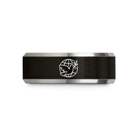 engraved bands for her – black & silver tungsten globe dove wedding band