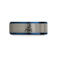 custom rings for him – black & blue & grey tungsten rooftop moon wedding band