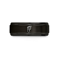 best rings for wife – black & rose gold tungsten footprint trail heart wedding band