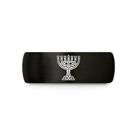 engraved rings for couples – black & rose gold tungsten menorah wedding band